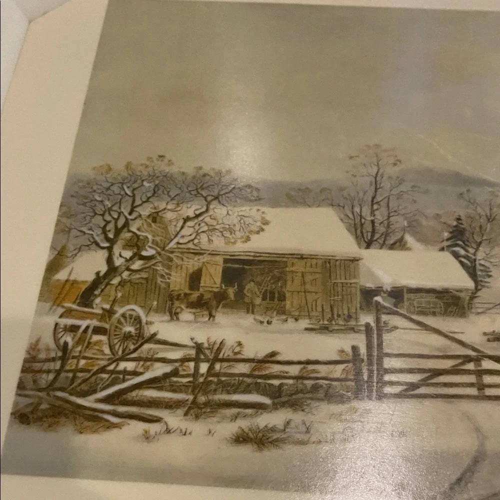 Vintage Style Cream Serving Tray. New England Winter Scene.